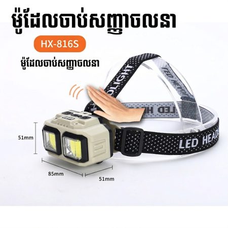 FL13 ចង្កៀងពាក់ក្បាលសាកថ្ម មានសិនស័រចាប់ចលនា និងភ្លើង LED ពីរ សម្រាប់ប្រើក្រៅផ្ទះ