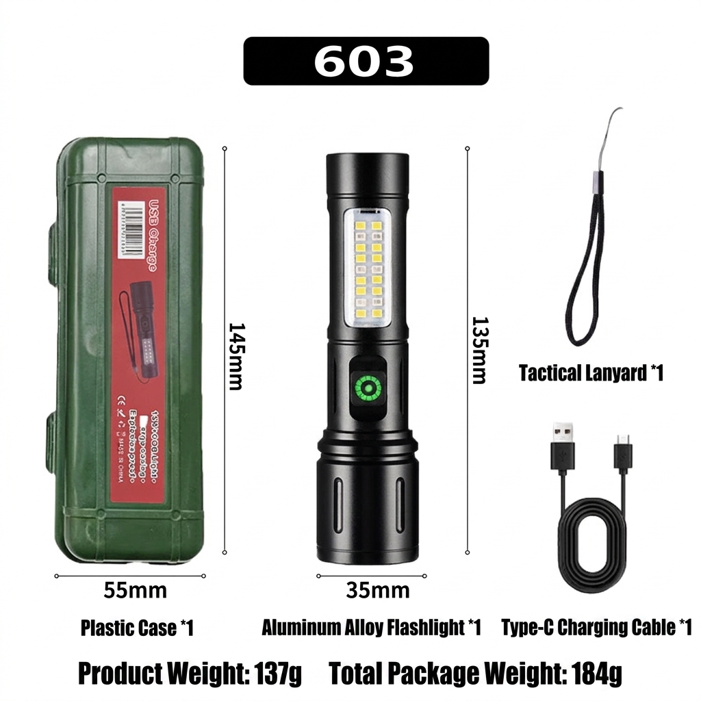 FL03 Rechargeable Telescopic White Laser Flashlight with COB Work Light - Image 6