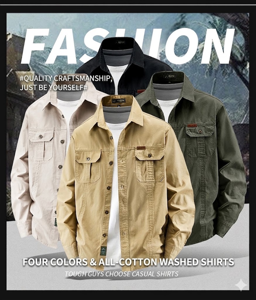 SHL23 Men's Washed Cotton Utility Shirt Jacket - Long Sleeve Casual Overshirt with Dual Chest Pockets - Image 2