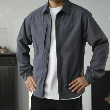 JK11 Men's Lightweight Spring-Summer Shirt Jacket - Minimal Lapel Casual Outerwear