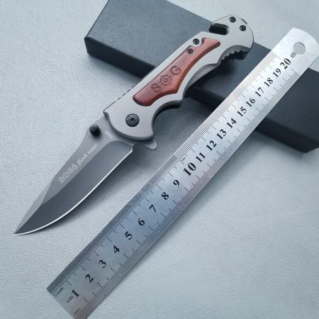 K16 SOG FA05 Tactical Folding Knife – 3mm Stainless Steel EDC Tool with Solid Wood Inlay & Glass Breaker