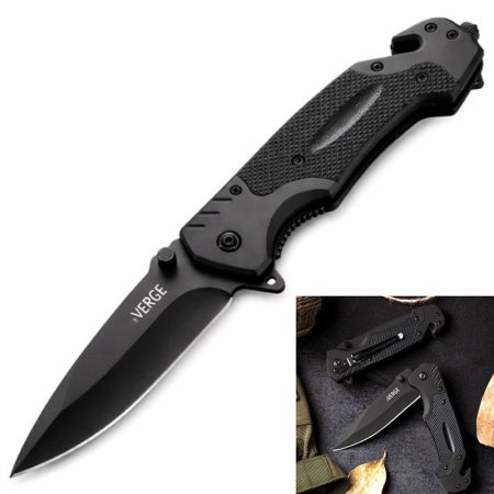 K17 VERGE All-Black Tactical Folding Knife – 21.5cm EDC Survival Tool with Glass Breaker & Rope Cutter