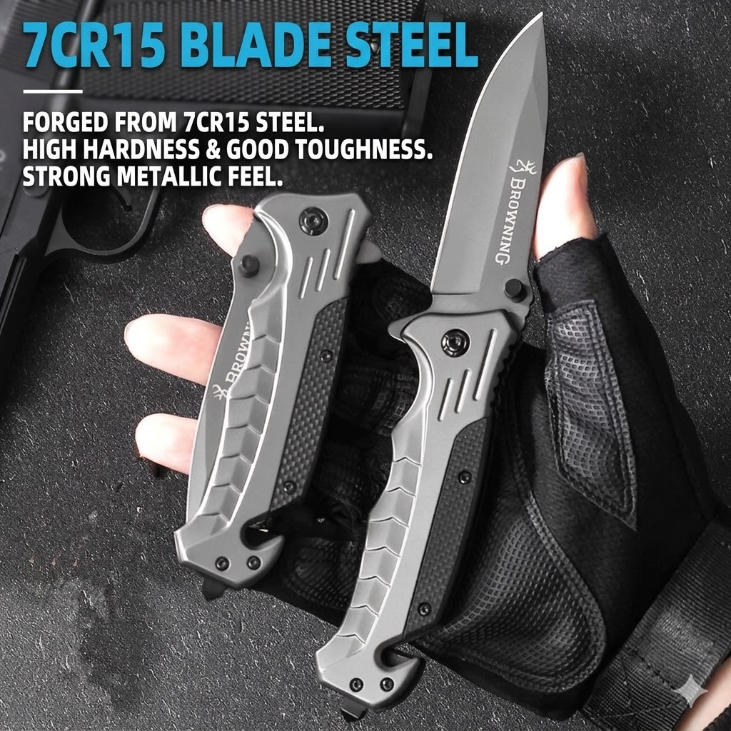 K25 Browning G10 Tactical Folding Knife – 21.5cm EDC Survival Tool with Glass Breaker & Rope Cutter (Space Grey)