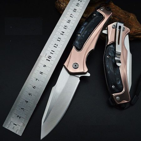 K65 Professional Stainless Steel Folding Knife – Marbled Resin Handle with Emergency Window Breaker