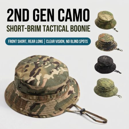 H02 Tactical Camouflage Short-Brim Bucket Hat with Adjustable Chin Cord