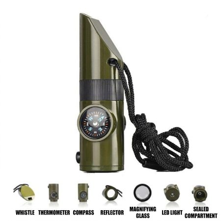 CG06 7-in-1 Outdoor Survival Whistle with Compass, LED Light & Lanyard
