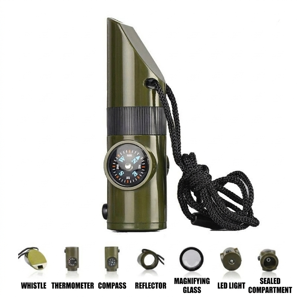 CG06 7-in-1 Outdoor Survival Whistle with Compass, LED Light & Lanyard