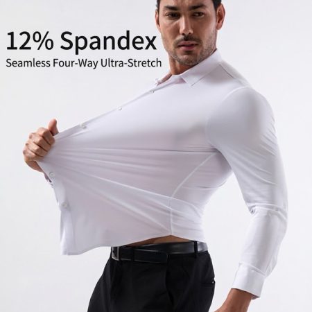 SHL31 Seamless Four-Way Stretch Dress Shirt for Men - Wrinkle-Free Non-Iron Long Sleeve Slim Shirt