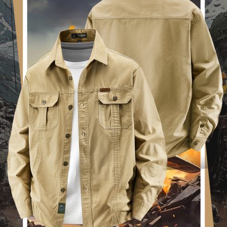 SHL23 Men's Washed Cotton Utility Shirt Jacket - Long Sleeve Casual Overshirt with Dual Chest Pockets