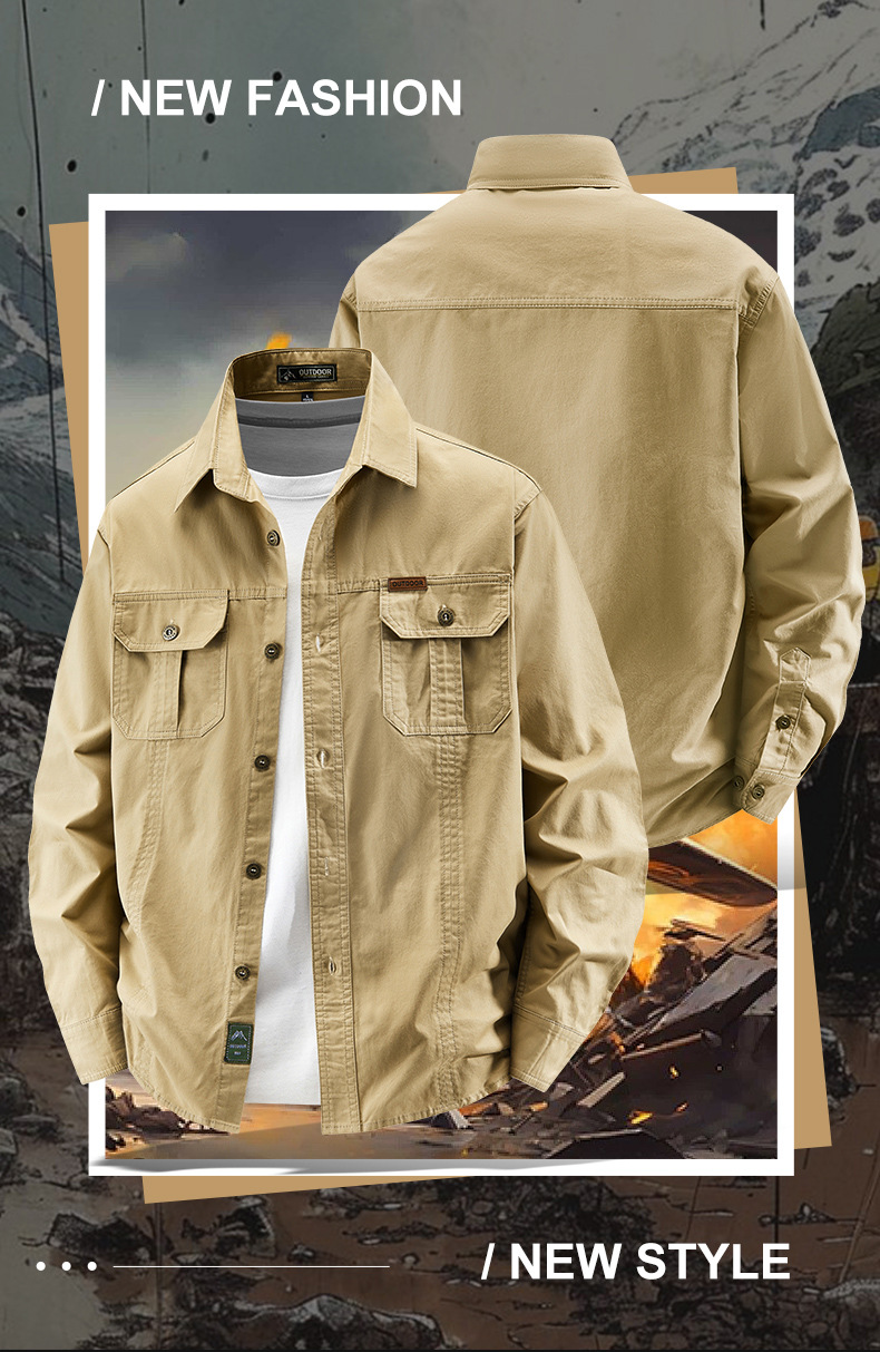 SHL23 Men's Washed Cotton Utility Shirt Jacket - Long Sleeve Casual Overshirt with Dual Chest Pockets