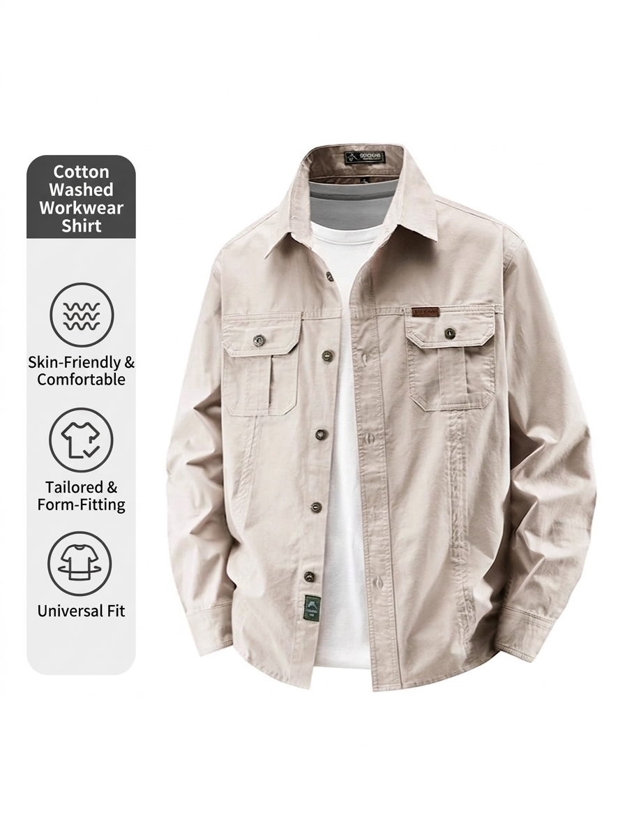 SHL23 Men's Washed Cotton Utility Shirt Jacket - Long Sleeve Casual Overshirt with Dual Chest Pockets - Image 4