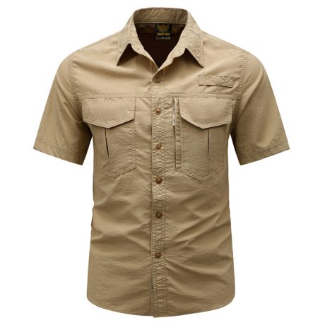 SHS07 Summer Quick-Drying Short-Sleeved Shirt for Men – Outdoor Breathable Thin Elastic Multi-Pocket Loose Tactical Ice-Feel Work Shirt