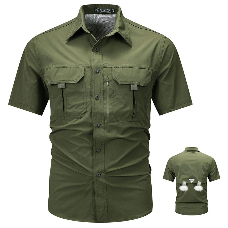 SHS05 Summer Outdoor Casual Multi-Pocket Workwear Short-Sleeved Shirt – Breathable Thin Quick-Drying Stretch Utility Shirt for Men