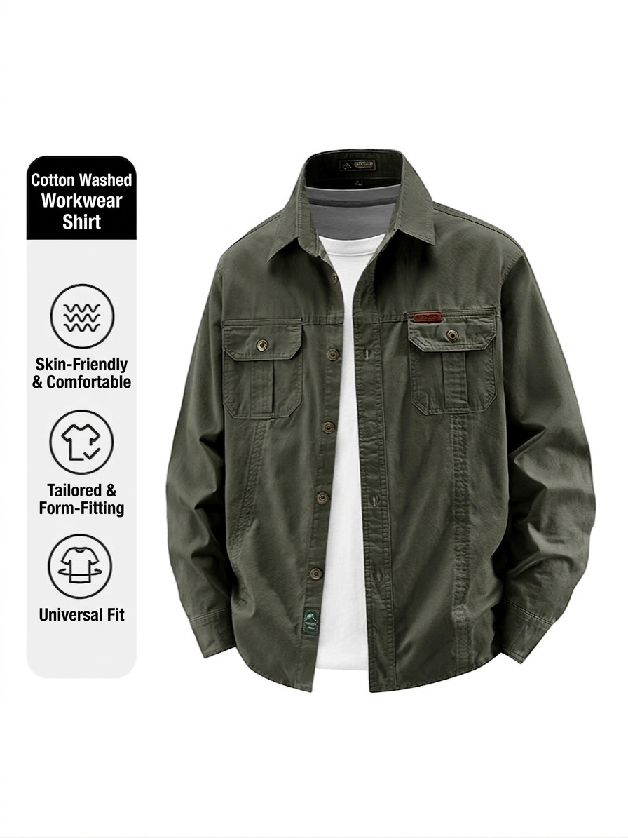 SHL23 Men's Washed Cotton Utility Shirt Jacket - Long Sleeve Casual Overshirt with Dual Chest Pockets - Image 5