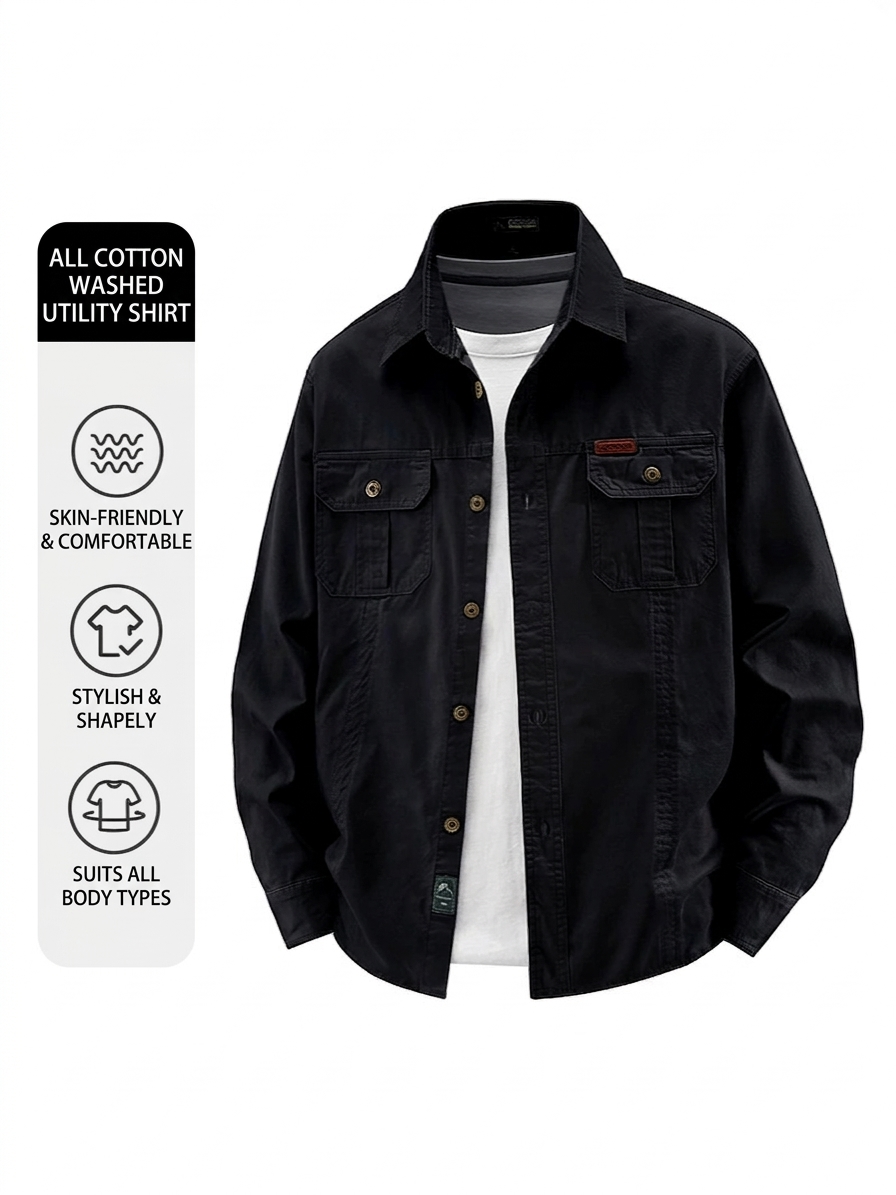 SHL23 Men's Washed Cotton Utility Shirt Jacket - Long Sleeve Casual Overshirt with Dual Chest Pockets - Image 6