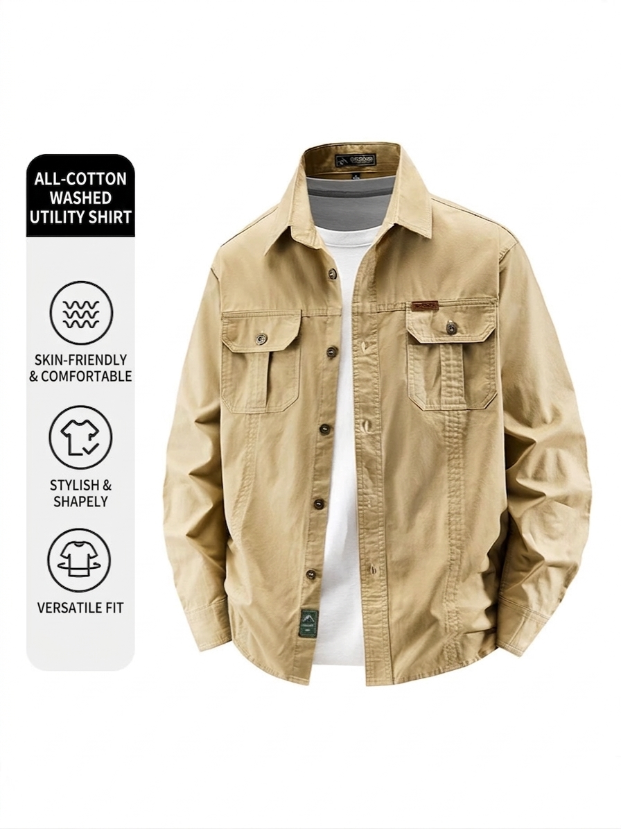 SHL23 Men's Washed Cotton Utility Shirt Jacket - Long Sleeve Casual Overshirt with Dual Chest Pockets - Image 7