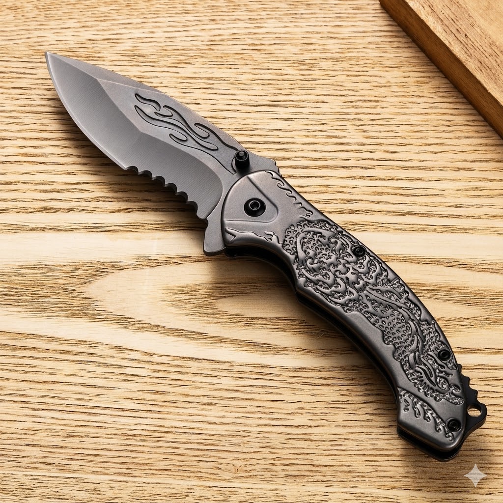 K54 Premium Handmade Embossed Folding Knife – High Hardness Tactical Steel Handle - Image 3