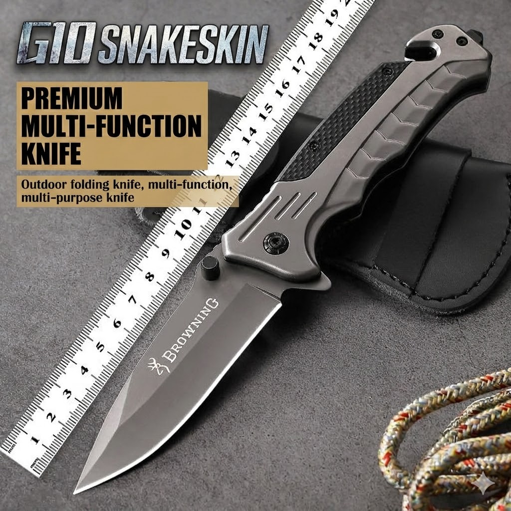 K25 Browning G10 Tactical Folding Knife – 21.5cm EDC Survival Tool with Glass Breaker & Rope Cutter (Space Grey) - Image 5