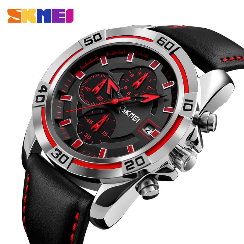 W12 Bold Multifunction Quartz Watch with Leather Strap and Date Display