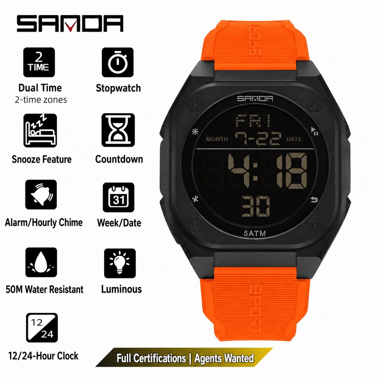 W20 SANDA 6272 Large Dial Multi-Function Sports Digital Watch - Image 2