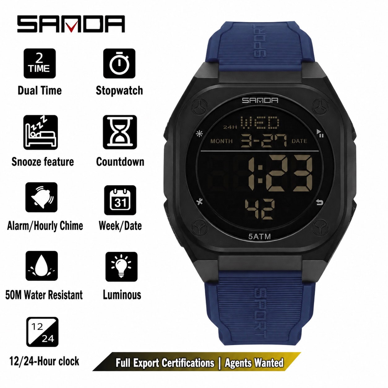 W20 SANDA 6272 Large Dial Multi-Function Sports Digital Watch - Image 4