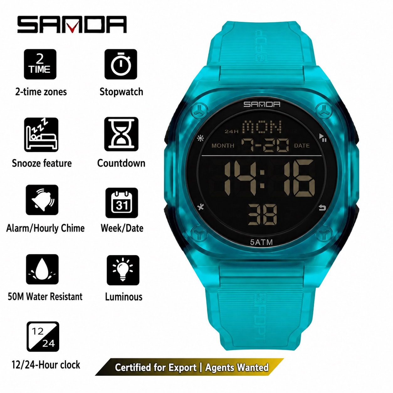W20 SANDA 6272 Large Dial Multi-Function Sports Digital Watch - Image 5