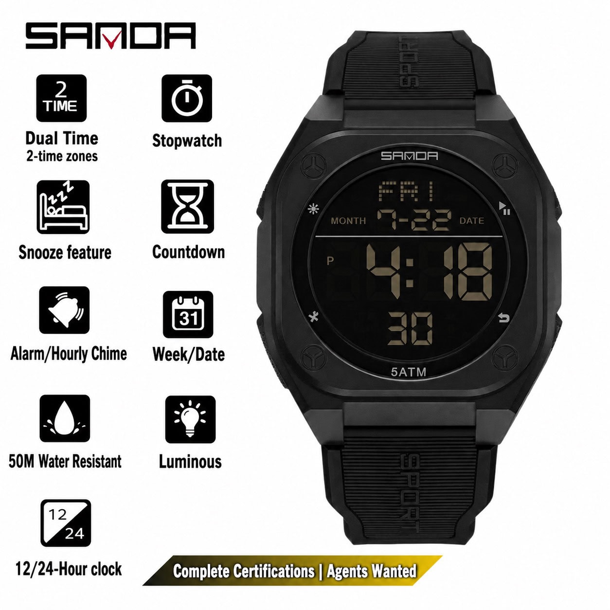 W20 SANDA 6272 Large Dial Multi-Function Sports Digital Watch - Image 6