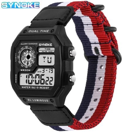 W21 នាឡិកាឌីជីថលរាងការ៉េ SYNOKE ខ្សែនីឡុង រចនាប័ទ្មបុរាណទំនើប ពហុមុខងារ