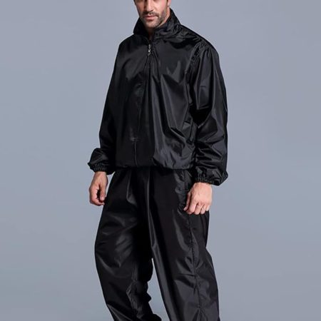 CG19 ឈុត Sauna Suit ពណ៌ខ្មៅទំហំធំសម្រាប់បុរស អាវហាត់ប្រាណ និងខោ Polyester ស្រាល