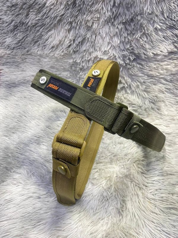Tactical belt in black and tan colors for outdoor use.