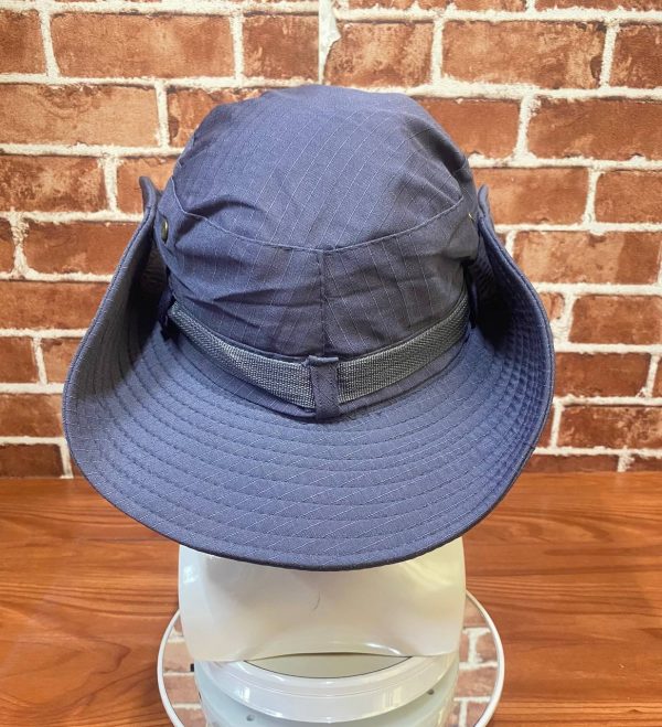 Blue outdoor hat with wide brim and adjustable strap.