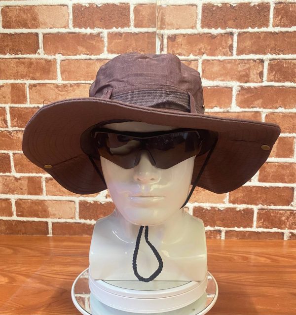 Brown wide-brim outdoor hat with chin strap and sunglasses on mannequin head.