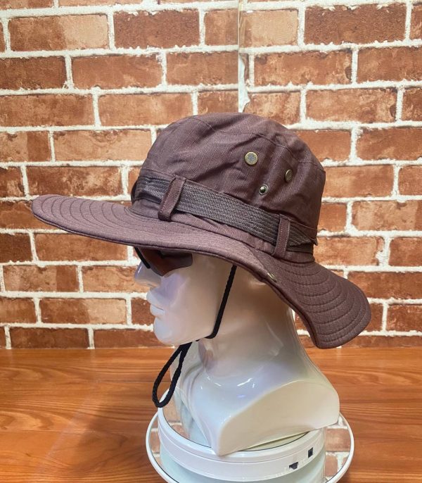 Brown wide-brim outdoor hat with chin strap for tactical use.