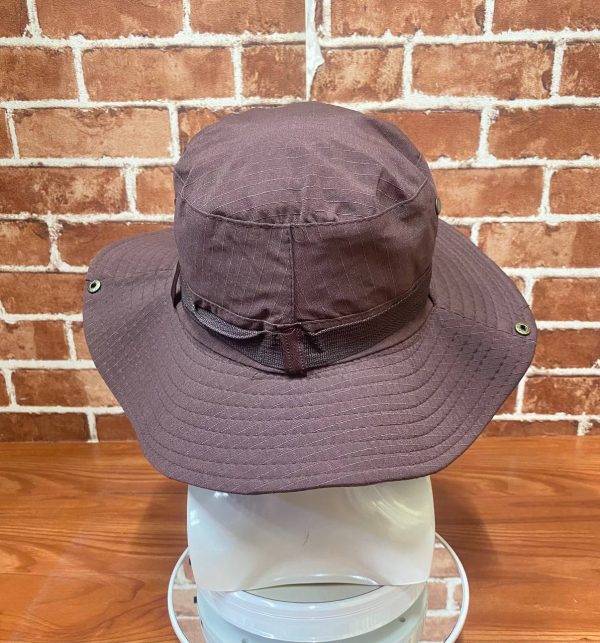 Brown wide-brim outdoor hat for tactical use.