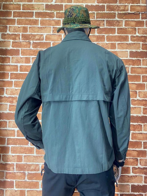 Men's green tactical jacket with camouflage hat, back view.