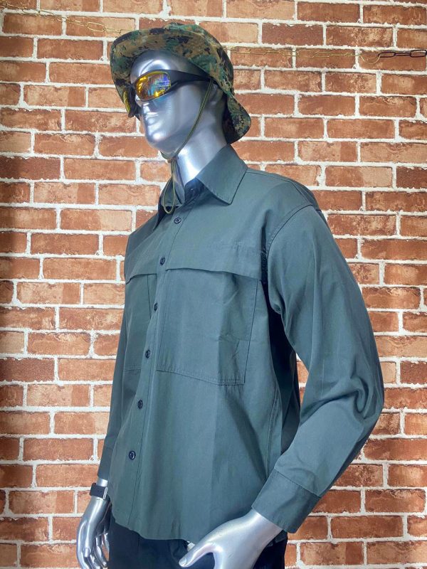 Green tactical shirt with long sleeves and button-up front.