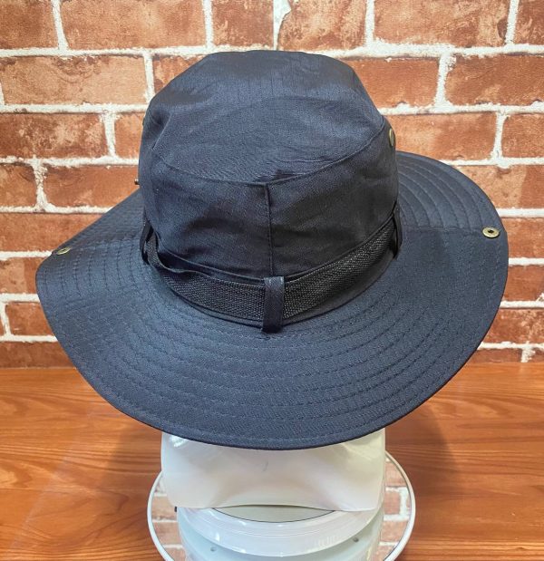 Black wide-brim outdoor hat with chin strap for tactical use.