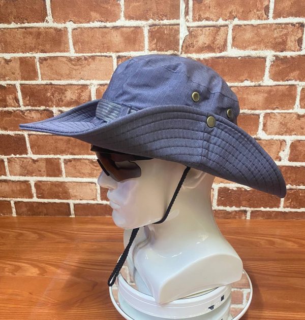 Blue wide-brim outdoor hat with chin strap on mannequin head.