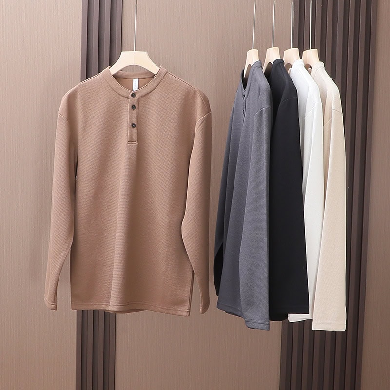 TSL29 Men’s Waffle Texture Henley Collar Long Sleeve T-Shirt