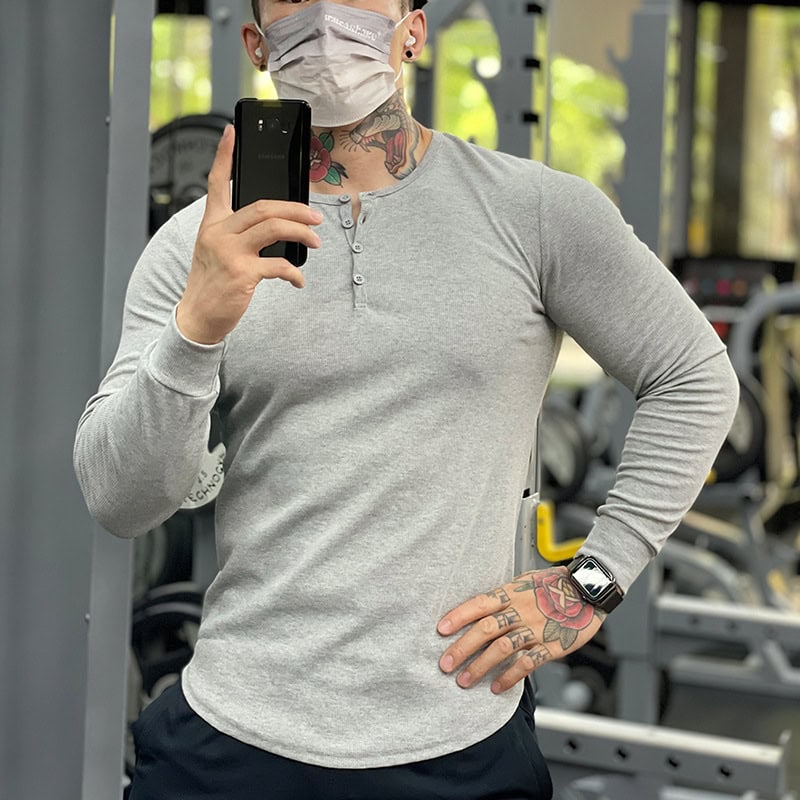 TSL32 Men's Slim Fit Long-Sleeved Henley Sports T-Shirt - Image 3
