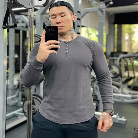 TSL32 Men's Slim Fit Long-Sleeved Henley Sports T-Shirt