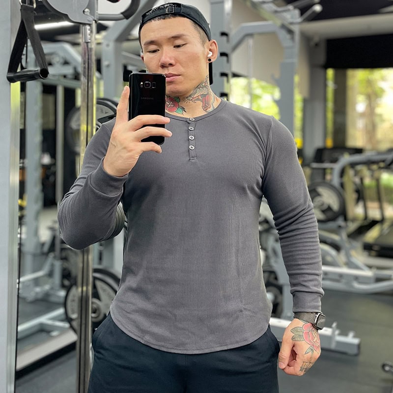 TSL32 Men's Slim Fit Long-Sleeved Henley Sports T-Shirt