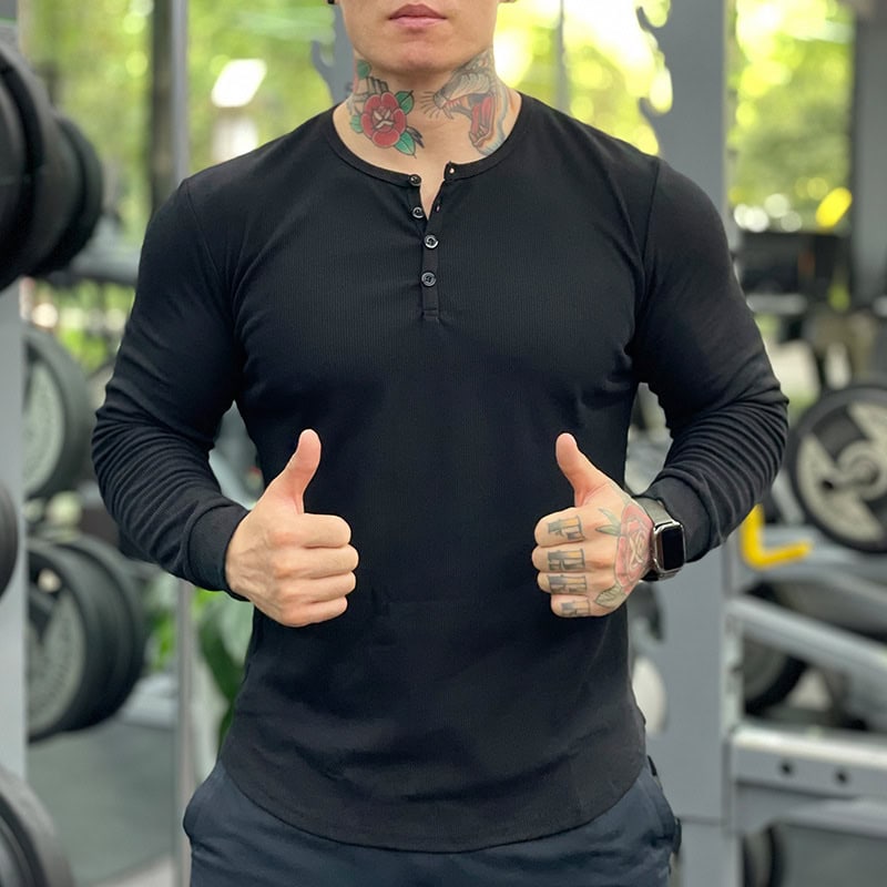 TSL32 Men's Slim Fit Long-Sleeved Henley Sports T-Shirt - Image 4