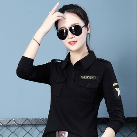 TSL30 - Women's Black Long Sleeve Collared T-Shirt with Chest Pockets