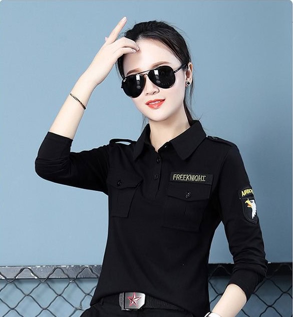 TSL30 - Women's Black Long Sleeve Collared T-Shirt with Chest Pockets
